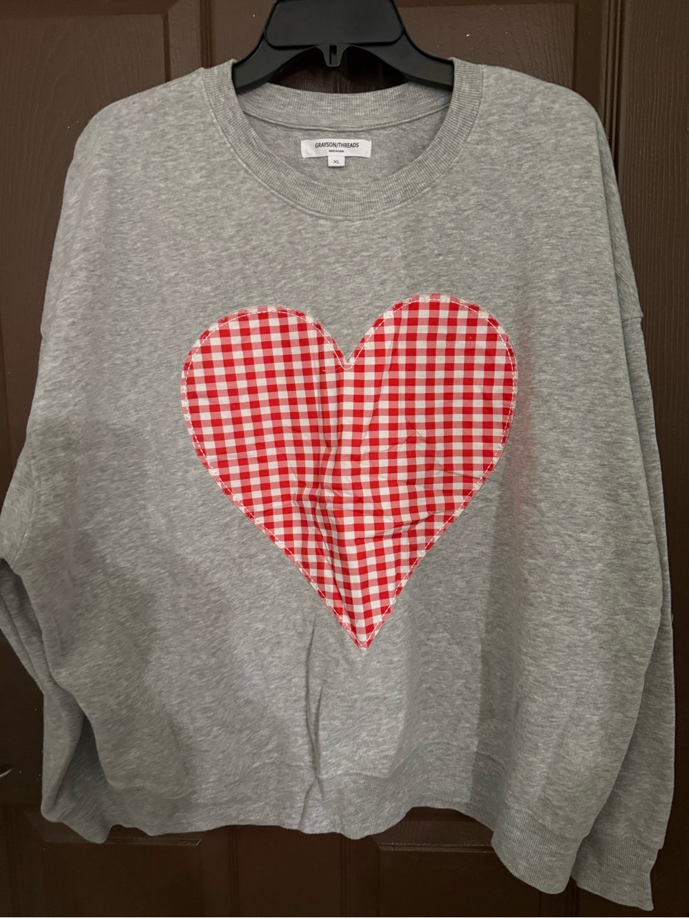Grayson Threads Gray Crewneck with Red Gingham Heart